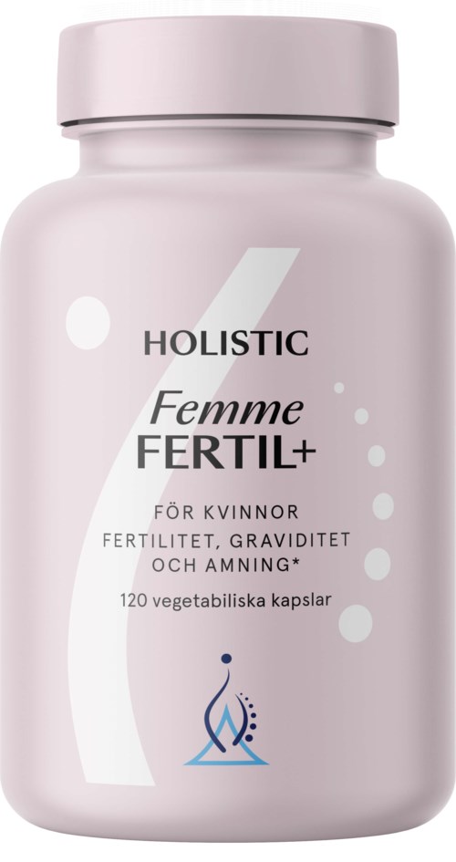 En rosa flaska märkt 'Femme FERTIL+' för kvinnor. Den innehåller 120 vegetariska kapslar för fertilitet och graviditet.