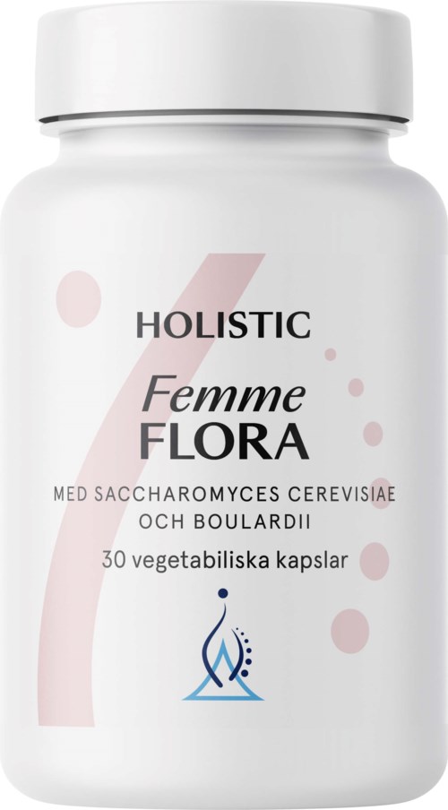 Vit flaska med rosa och svart text, innehåller kosttillskapskapslar, har en blå logga längst ner.