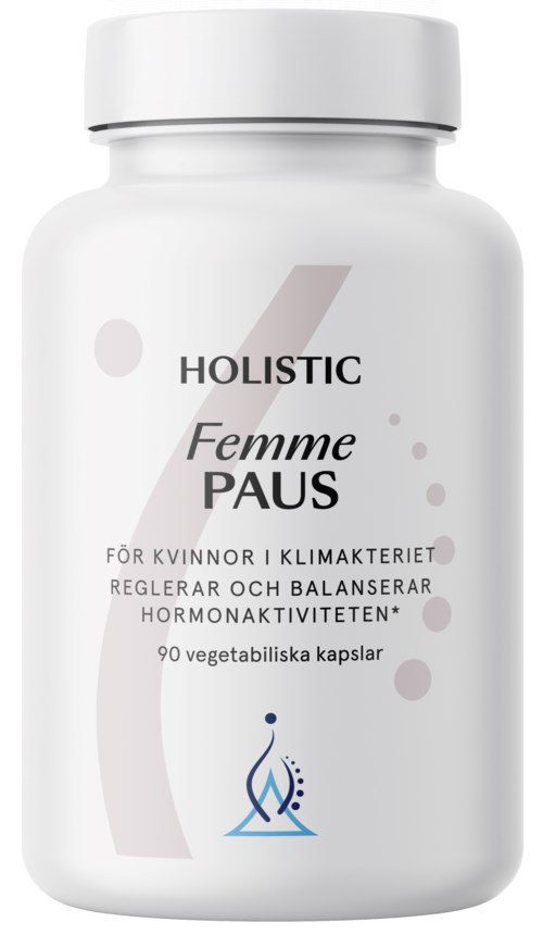 En vit flaska med text om ett kosttillskott för kvinnor, som hävdar att det reglerar hormoner och balanserar aktivitet under menstruationscykeln.