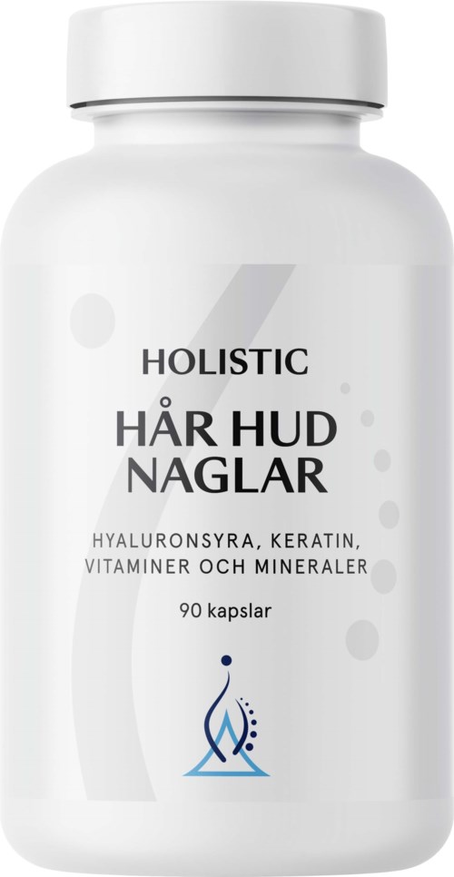 En vit flaska märkt 'Holistic Hår Hud Naglar' med kapslar inuti, nämner hyaluronsyra, keratin, vitaminer och mineraler.