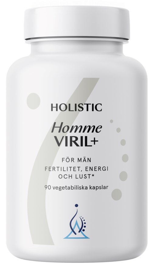 Vit flaska med svart och grå text, som visar att det är ett kosttillskott för manlig fertilitet och energi.