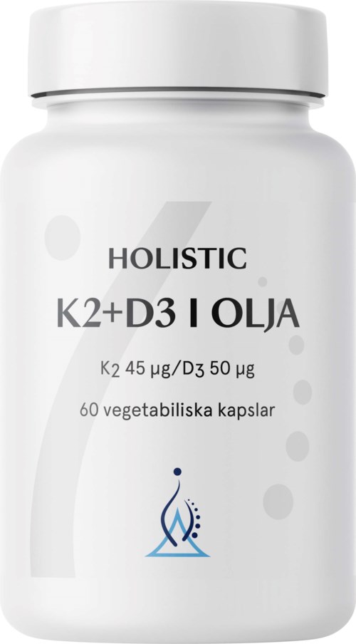 En vit flaska märkt 'Holistic K2+D3 Oil' innehåller 60 kapslar, med detaljer om ingredienser och dosering.