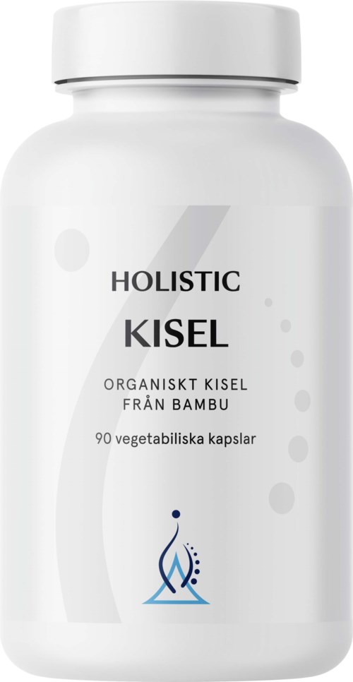 En vit flaska med lock, märkt 'Holistic Kisel', som innehåller växtbaserade bambu-mineralkapslar.