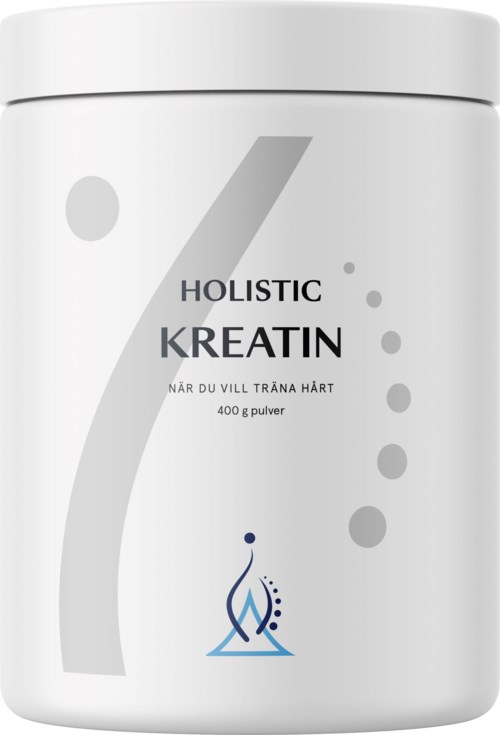 En vit behållare märkta 'Holistic KREATIN' med abstrakta grafik och text, som visar ett kosttillskott för muskelbyggande.