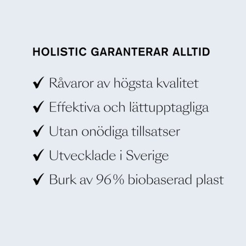 Texten främjar fördelarna med en helhetssyn, med högkvalitativa ingredienser och miljövänlig förpackning.
