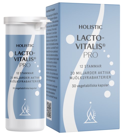 Förpackningen visar en låda och flaska för ett probiotiska tillägg, med blå och vita färger och bubblor i designen.