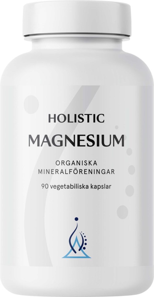 A white bottle labeled as holistic magnesium with 90 vegetable capsules inside.
