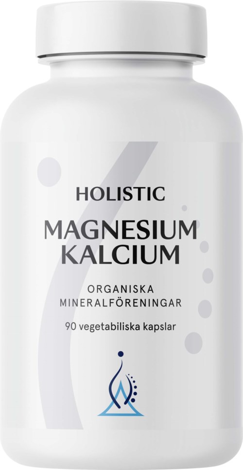 A white bottle labeled 'Holistic Magnesium Calcium' with information on organic minerals and 90 capsules.