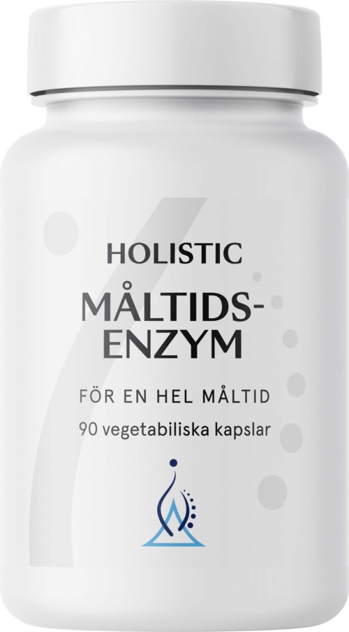 Flaska med helhetlig enzymtillskott med 90 vegetariska kapslar, för hälsosam kost, etikett på svenska.