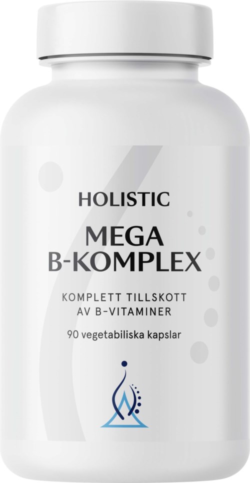 En vit flaska märkt 'Holistic Mega B-Komplex' med 90 kapslar, innehållande B-vitamin tillskott.