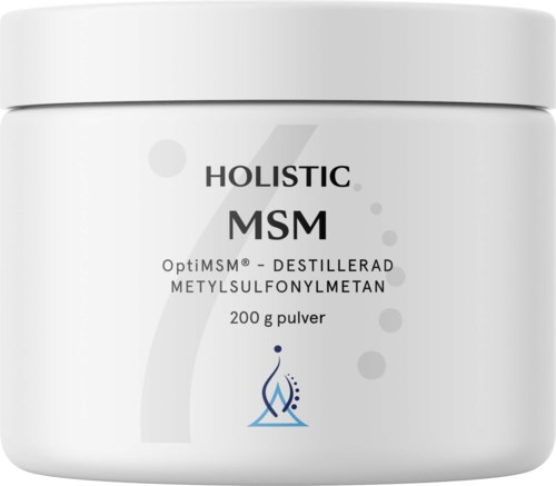 En vit burk märkt "Holistic MSM" som innehåller pulver, med enkel design och små cirkulära grafik.