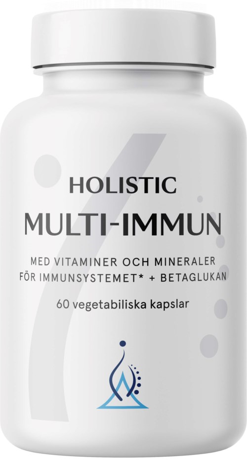 En vit flaska märkt 'Holistic Multi-Immun' innehåller 60 vegetabiliska kapslar för immunstöd.