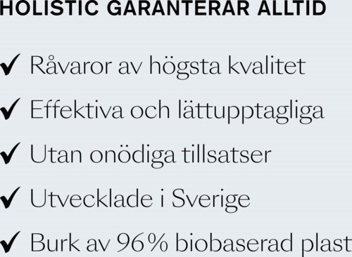 Text om högkvalitativa ingredienser, effektivitet, miljövänlighet och hållbarhet på svenska. Avslutas med en punkt.