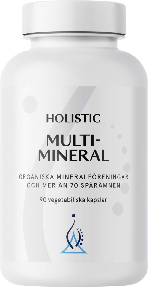 Vit flaska märkt "Holistic Multi-Mineral" med text och en liten abstrakt logga längst ner.