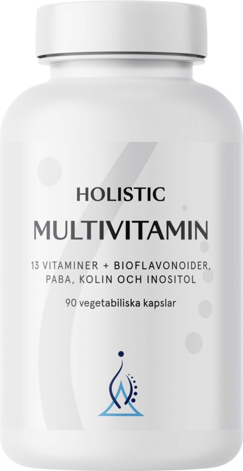 En vit flaska märkt 'Holistic Multivitamin' med 90 vegetariska kapslar och ingredienser som vitaminer och örtextrakt.