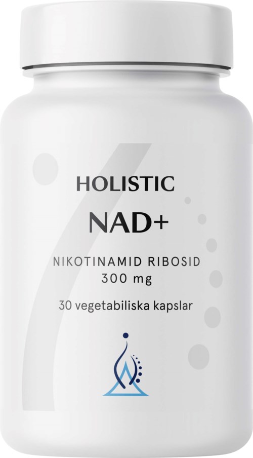 En vit plastflaska med vit lock, märkt "HOLISTIC NAD+" och information om kapslar och ingredienser.