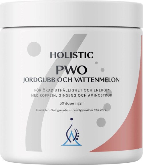 Holistic PWO tillskott med jordgubb och vattenmelon smak, 30 doser, ökar energi, innehåller koffein, ginseng, aminosyror.