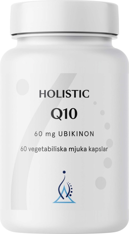 Flaska märkt 'HOLISTIC Q10' med 60 mg Ubikinon och 60 vegetabiliska mjuka kapslar.