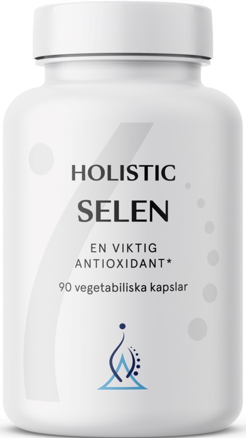 En vit kosttillskapsflaska märkt "Holistic Selen" med en blå logga och text som visar antioxidantrika kapslar.