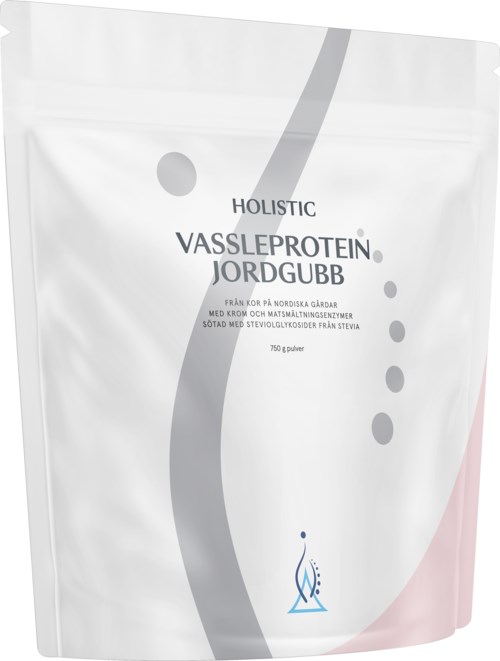 En vit påse med grå och rosa detaljer, märkt med hälsa och proteinrelaterade ord, och en liten blå logga.