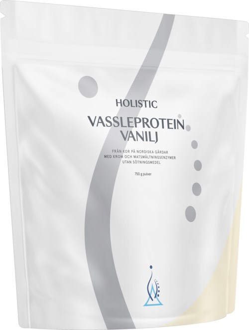 A white stand-up pouch with text about vanilla protein, claiming it is from Nordic farms, contains 750g, and is unsweetened.