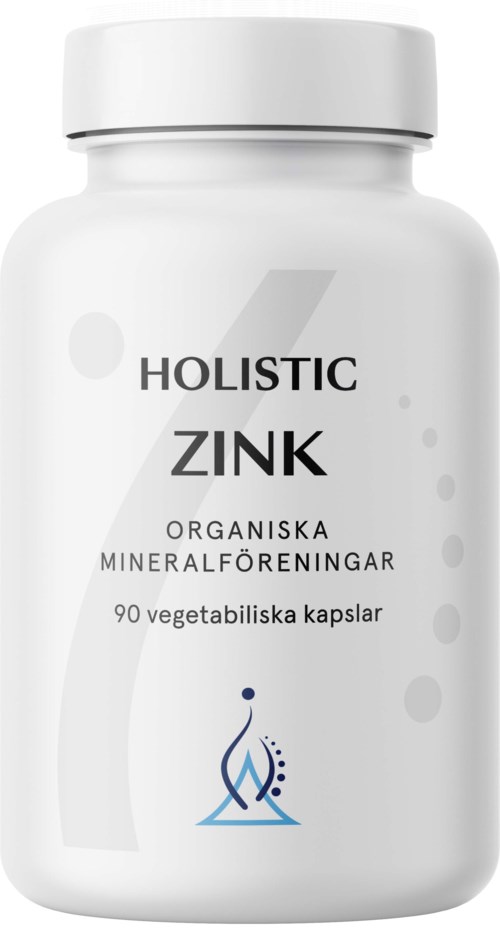 En vit flaska märkt 'Holistic Zink' innehåller 90 vegetabiliska kapslar, med svensk text om organiska mineralämnen.