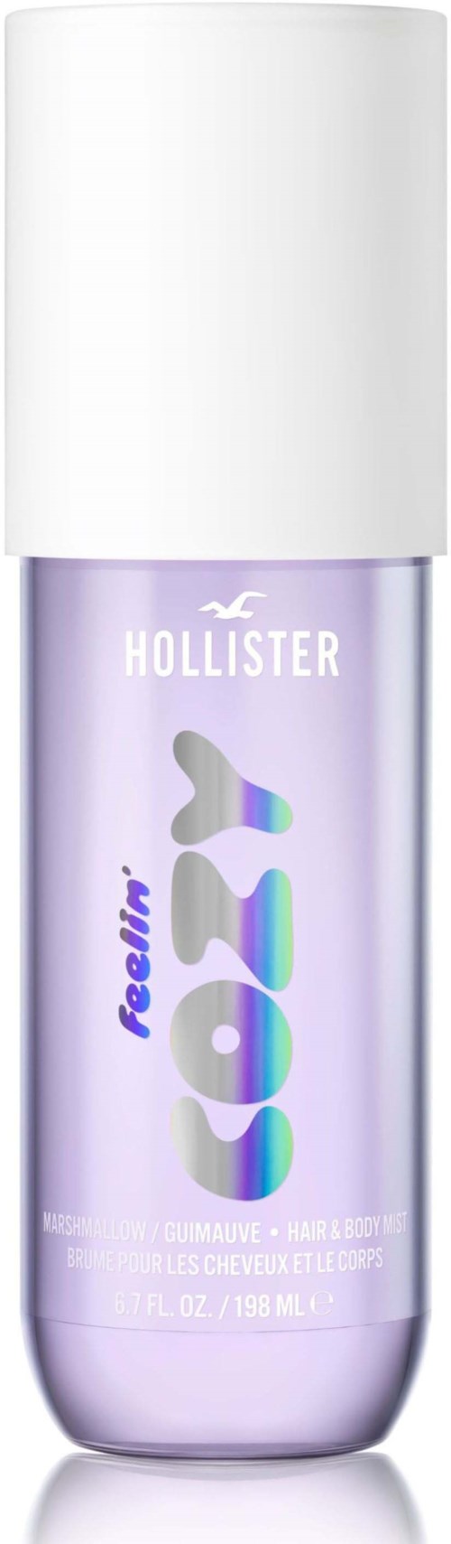 Pieni pullo, jossa valkoinen korkki ja vaaleanlila runko, merkitty Holland ja neon, kiilto, hiukset ja muotoilu.