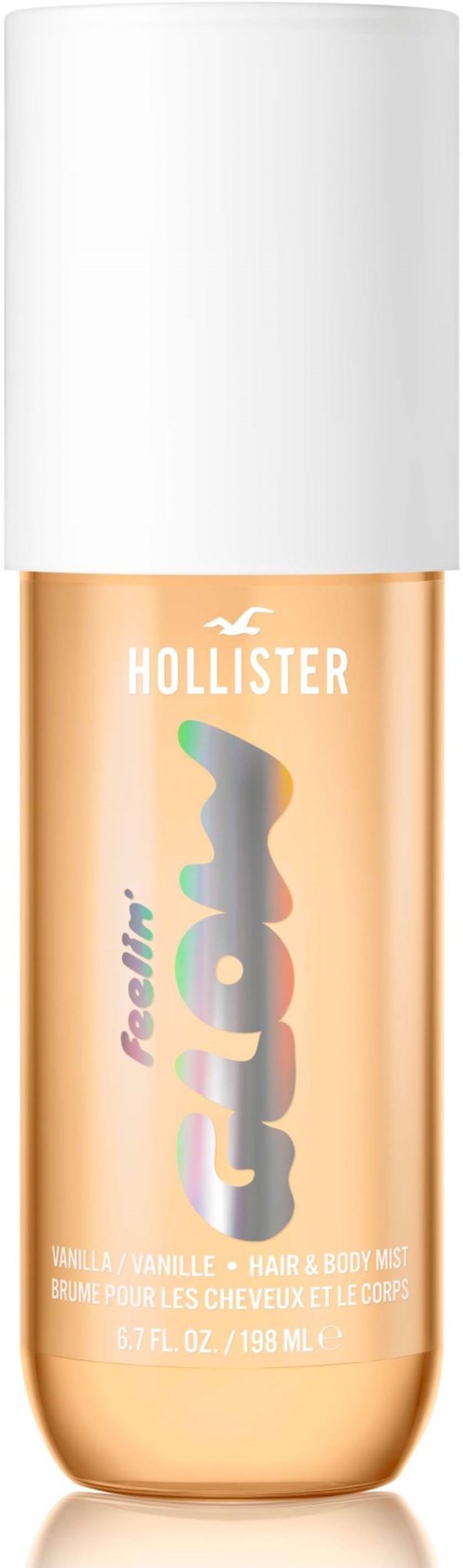 Hollister vartalonhohde vaniljan tuoksulla. Se on persikanvärinen ja sillä on valkoinen kansi.
