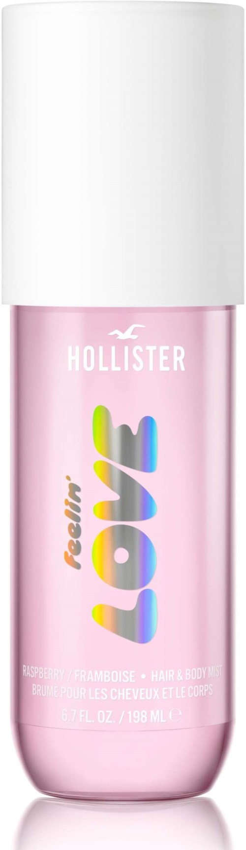 Vaaleanpunainen huulikiilto pullo valkoisella korkilla, Hollister ja Love nimet siinä, näyttää söpöltä.