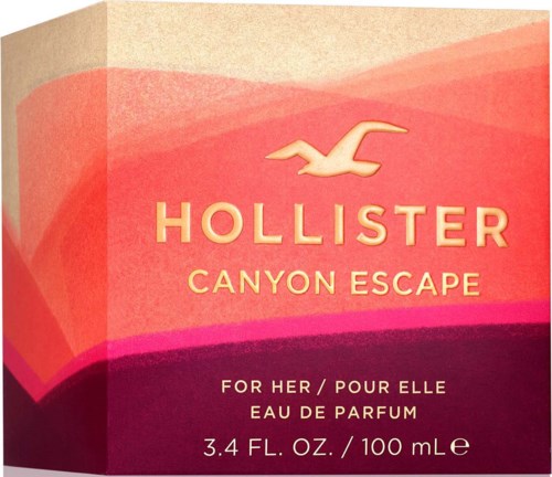 Een parfumdoos met roze en oranje kleuren, met een vogel en de woorden 'Hollister Canyon Escape'.