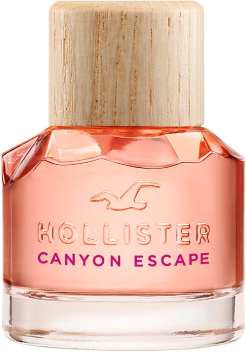 En liten glasflaska med rosa nagellack och ett trälock, märkt 'Hollister Canyon Escape.'