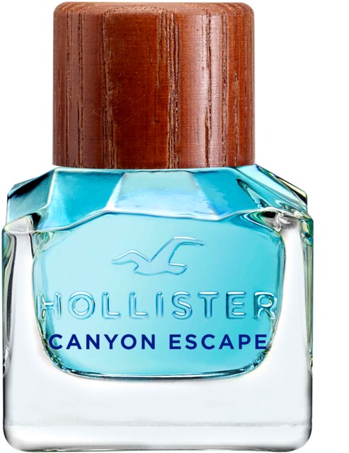 Een parfumfles met houten dop, blauwe vloeistof en het label 'Hollister Canyon Escape.'