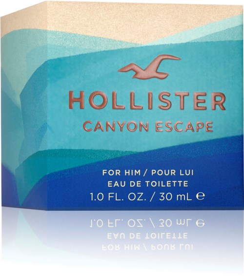 Een doos Hollister Canyon Escape herengeur, 30 ml, met blauwe en turquoise kleuren en een vogel logo.
