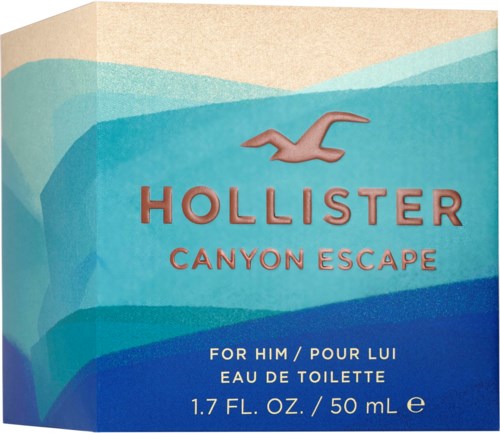 En låda med en måslogotyp och orden 'Hollister Canyon Escape', som beskriver en herrparfym, 50 ml.