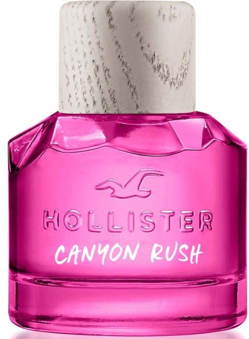 Roze parfumfles met witte houten dop en Hollister-logo, genaamd Canyon Rush.