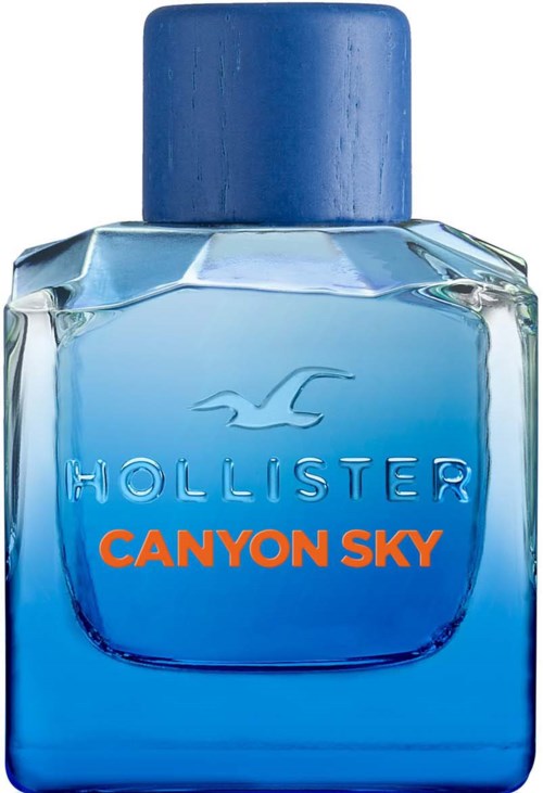 Een glazen fles met een blauwe dop, gelabeld 'Hollister' en 'Canyon Sky', gevuld met lichtblauwe vloeistof.
