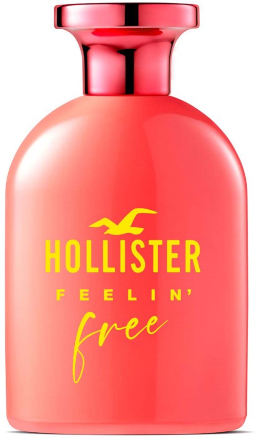 Kleine roze fles met gele tekst en een gele vogel, gemarkeerd 'HOLLISTER FEELIN' free.'
