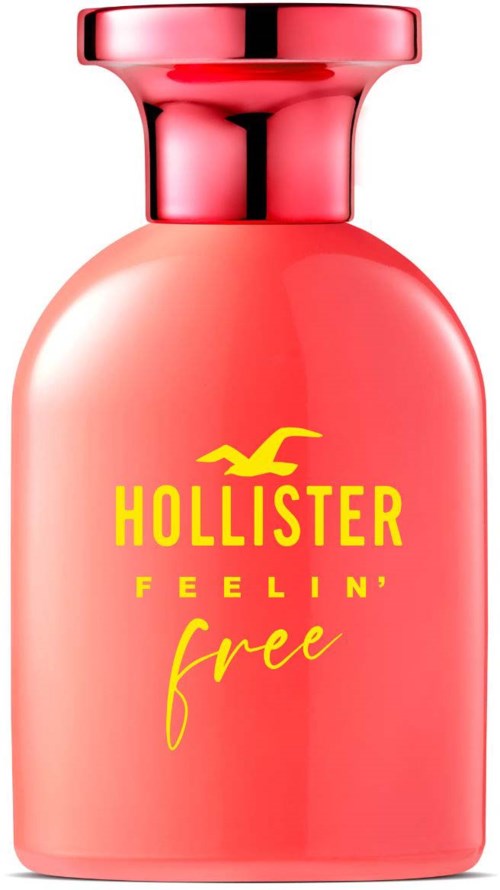 Een roze fles met gele tekst, zegt Hollister Feelin' Free, met een glanzende dop bovenaan.