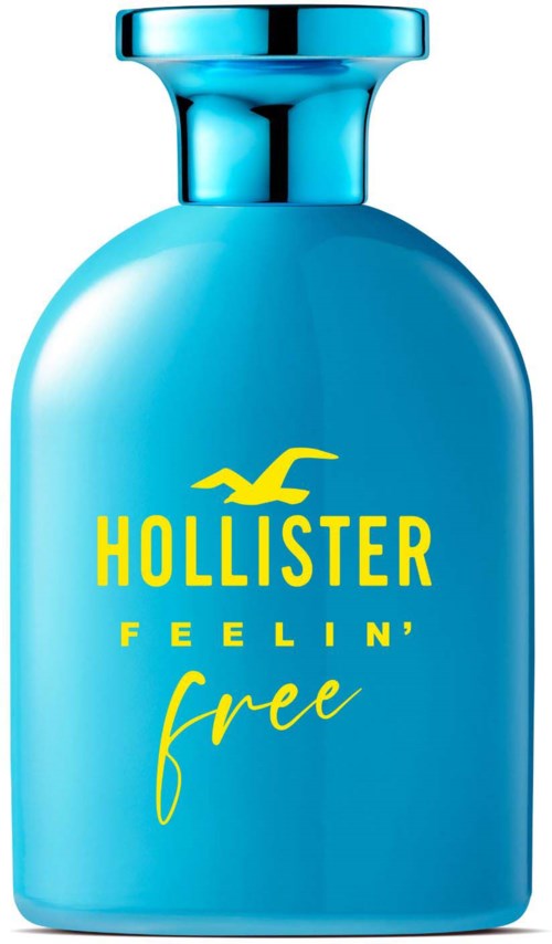 Blauwe fles met gele tekst zegt Hollister Feeling Free, een geur- of body spray.
