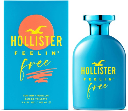 Een blauwe parfumfles en doos met gele en roze tekst voor Hollister Feelin' Free geur.