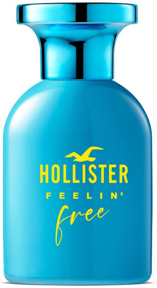Blauwe Hollister Feelin' Free-fles met gele tekst en logo.