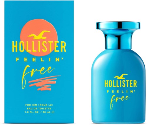Een blauw parfumflesje en doos met gele en roze tekst, merknaam Hollister, en zonlogo op een lichte achtergrond.