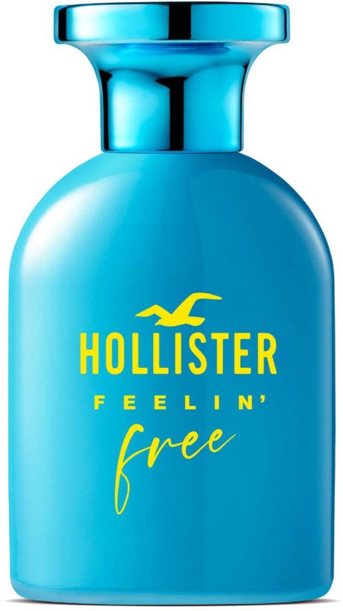 Blauwe fles met gele tekst: "Hollister Feeling Free" en een vogel logo.