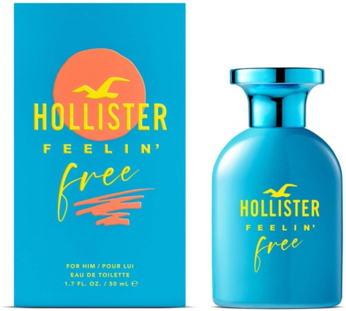 Een blauw flesje met gele tekst naast een kleurrijke doos. De doos heeft een zon en de merknaam Hollister.