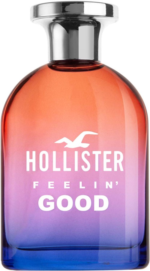 Een parfumfles met een verloop van oranje naar blauw en witte tekst "Hollister Feelin' Good."