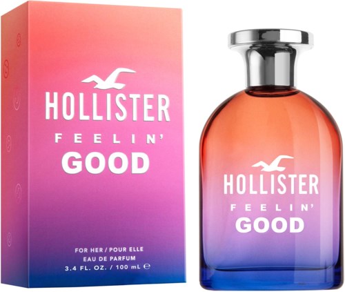 Een roze- en paarskleurige gradient doos en een parfumfles met zilveren dop, merk Hollister Feeling Good.
