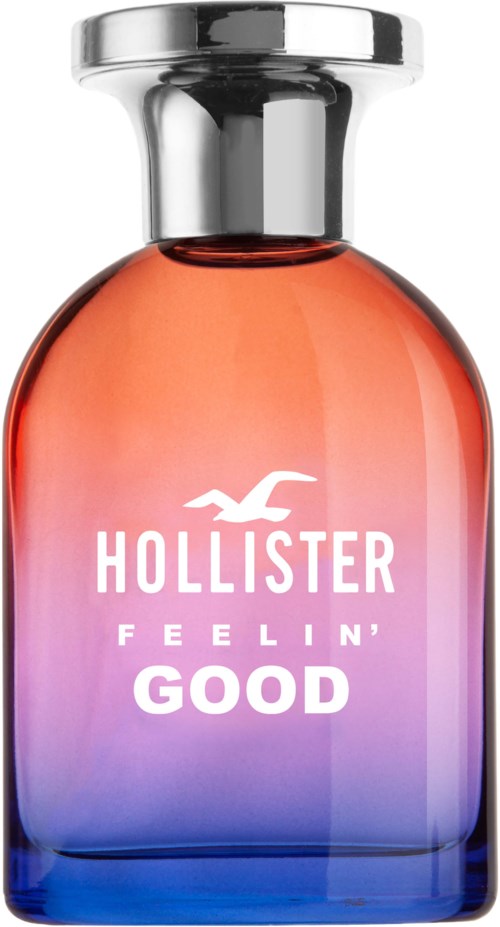 Een parfumfles met een kleurverloop van roze naar paars, zilveren dop en Hollister-logo met de woorden 'Feelin' Good.'