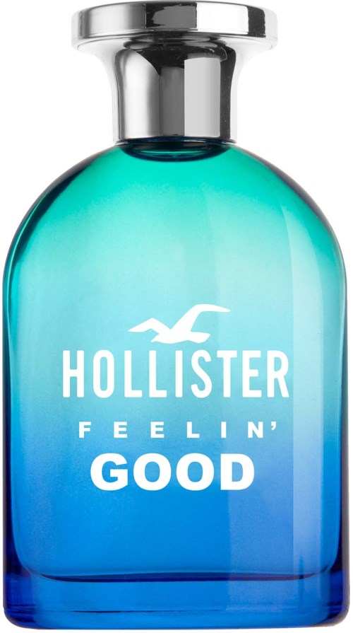 Een blauw-groene parfumfles met een zilveren dop en Hollister-logo, getiteld 'Feelin' Good.'