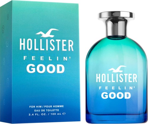 Een fles Hollister Feelin' Good herenparfum naast de doos, in blauw en groen tinten.