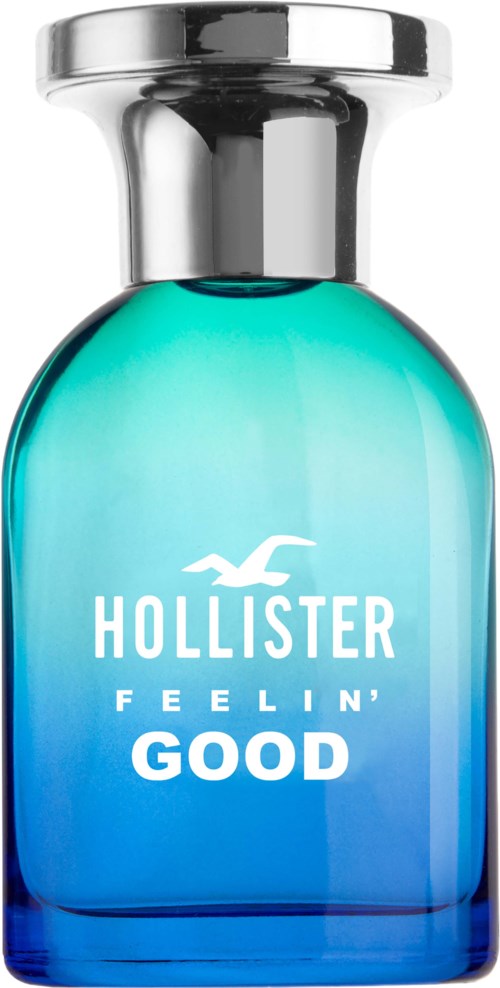 Een blauw-groen parfumfles met zilveren dop, gemerkt 'HOLLISTER FEELIN' GOOD' in witte tekst.